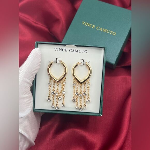 Vince Camuto Gold Hoop Earrings with Rhinestone Dangling Chains - Picture 5 of 5